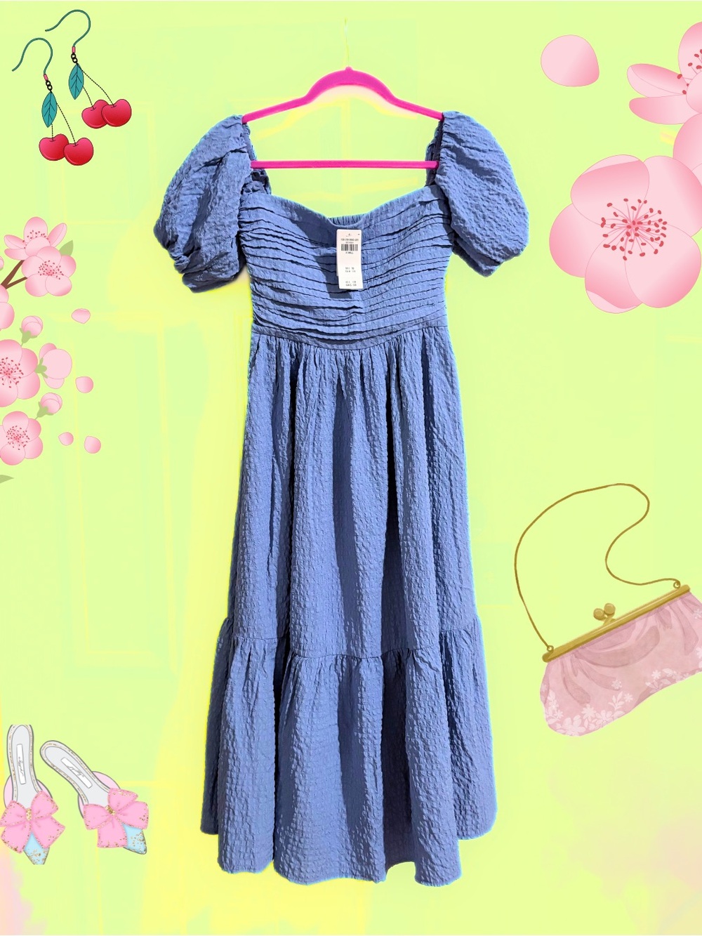 🩵Abercrombie & Fitch TEXTURED Emerson Puff Sleeve Blue MIDI Dress